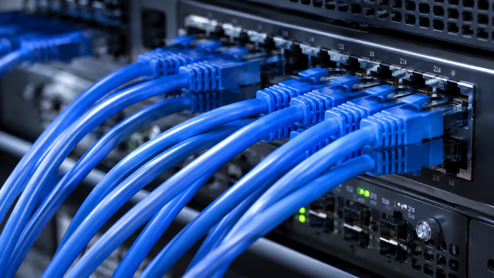 Patch panel con cables de red azules