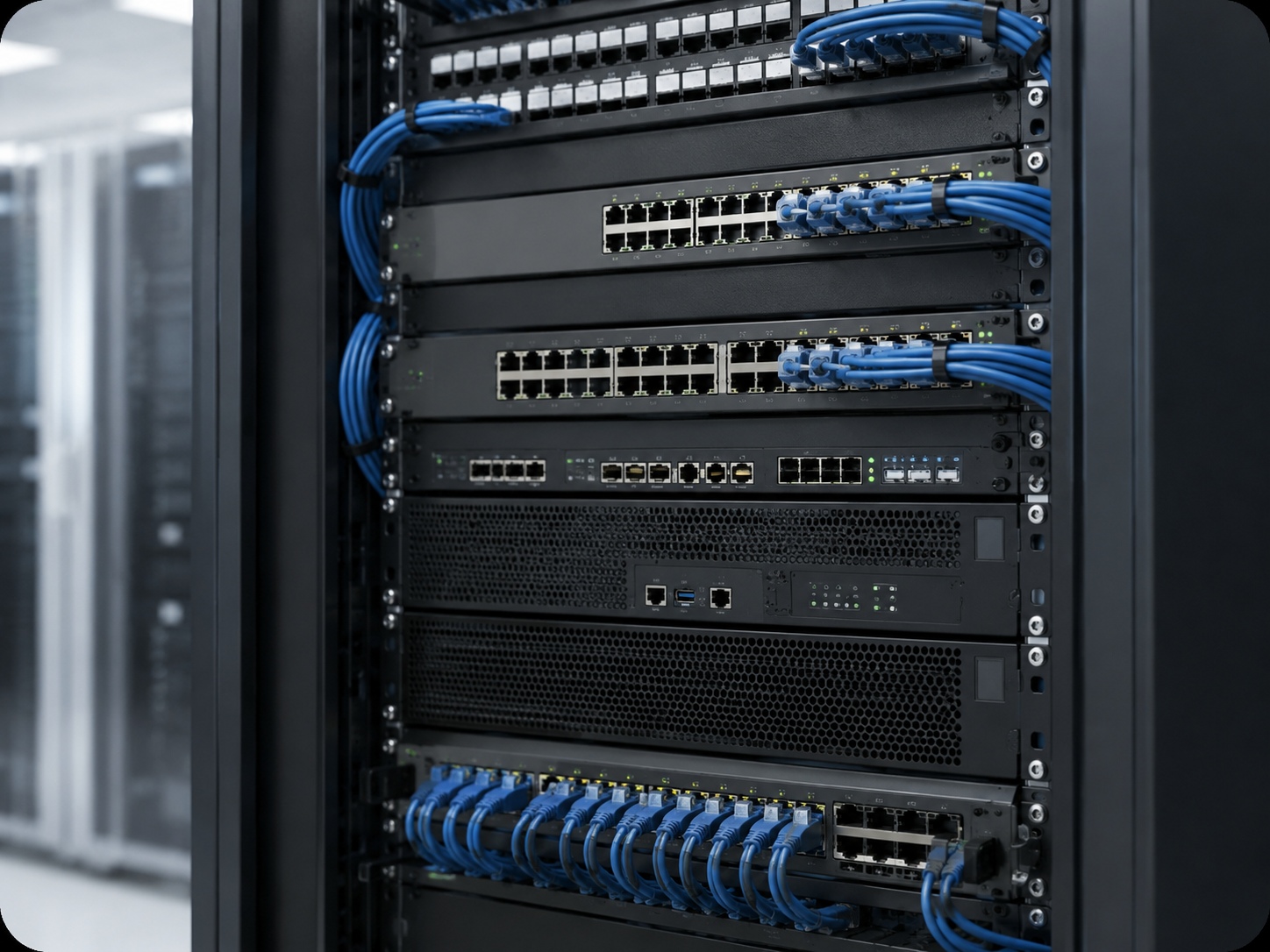 Rack con equipos de networking empresarial